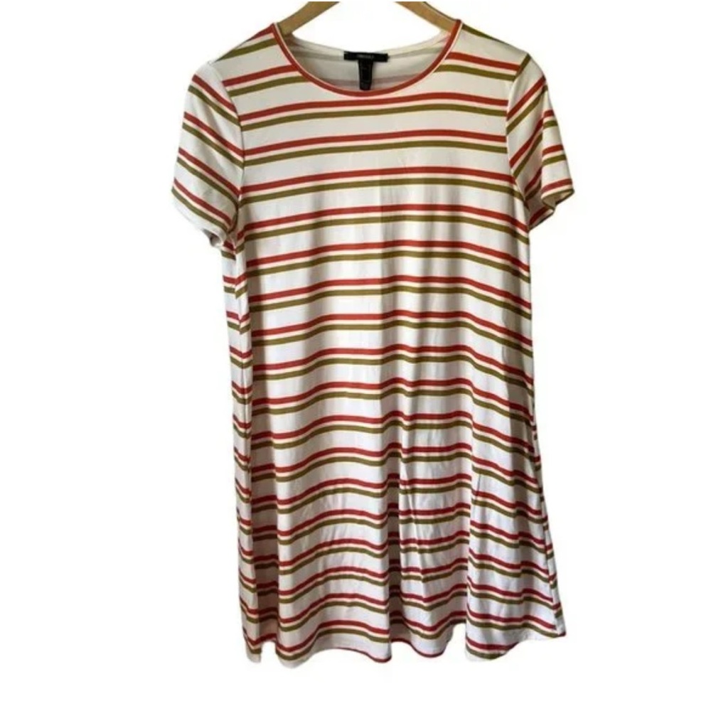 🌸 Forever 21 Dress Light Cream Off White Green Orange Stripe Short Sleeve Small